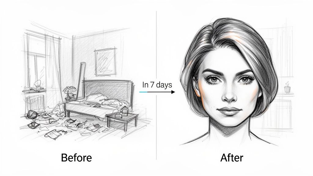 A sketch showing a messy bedroom 'Before' and a beautiful woman's face 'After' in 7 days.