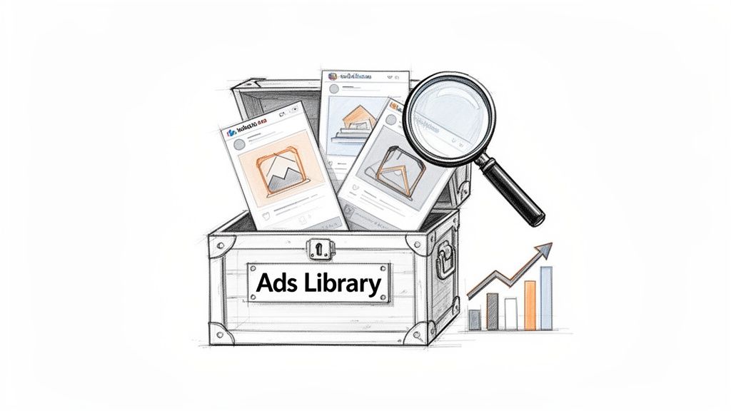 Sketch of an 'Ads Library' chest filled with social media ad creatives, a magnifying glass, and a growth chart.