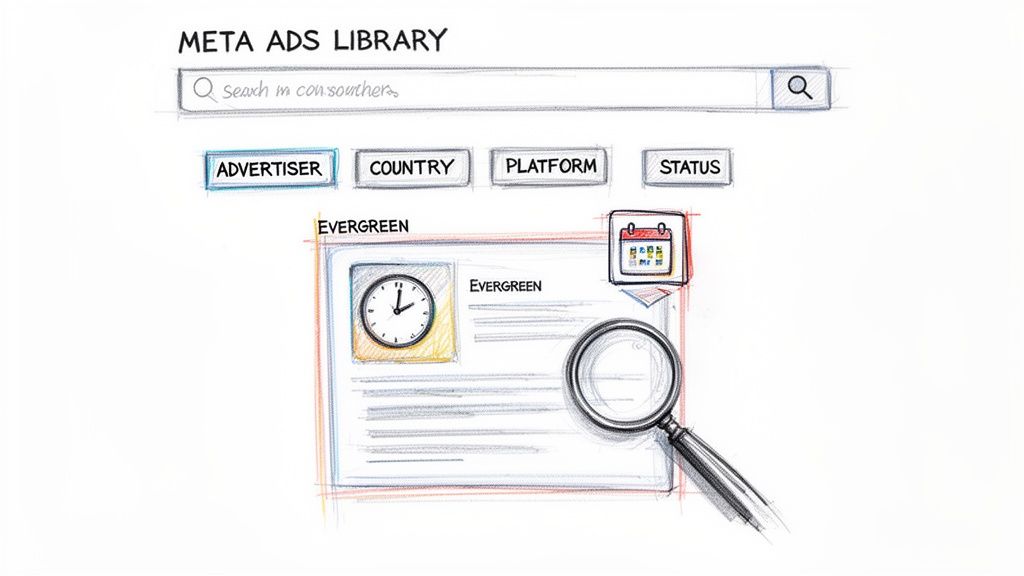 Sketch of the Meta Ads Library platform showing a search bar, filter buttons, and ad content details.