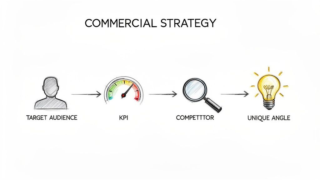 A commercial strategy flowchart showing target audience, KPI, competitor analysis, and a unique angle.