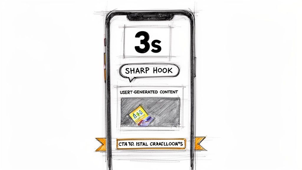 Hand-drawn sketch of a smartphone displaying an ad strategy with a 3s hook and call to action.