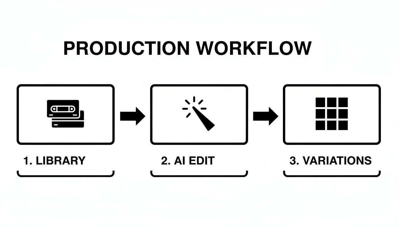 Production workflow diagram illustrating steps from library to AI editing and variations.