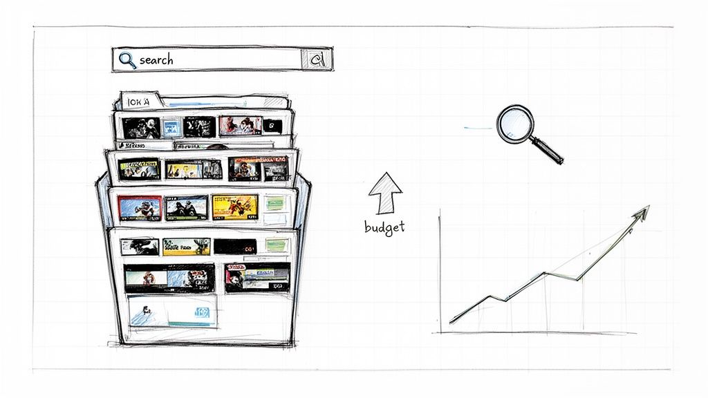 Hand-drawn concept: search bar, content cards, budget growth indicator, magnifying glass, and an upward trend graph.