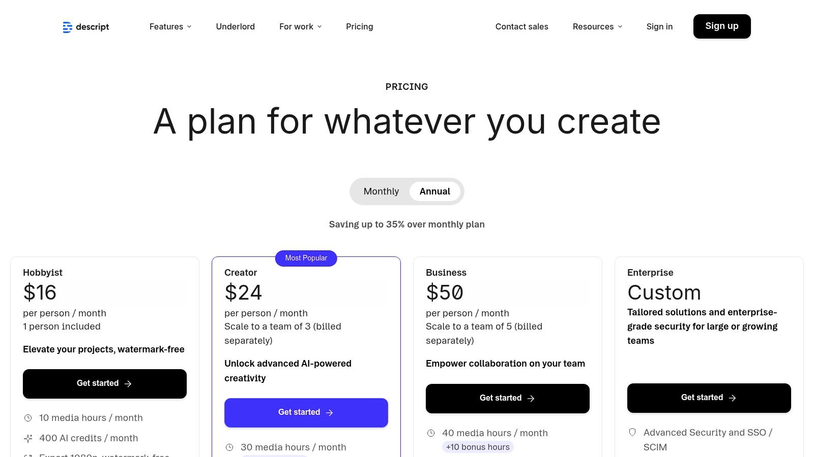 Descript pricing plans
