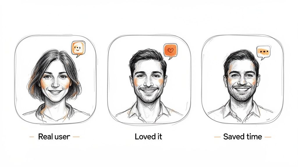 Sketches of diverse user avatars with feedback bubbles representing real user experiences and testimonials.