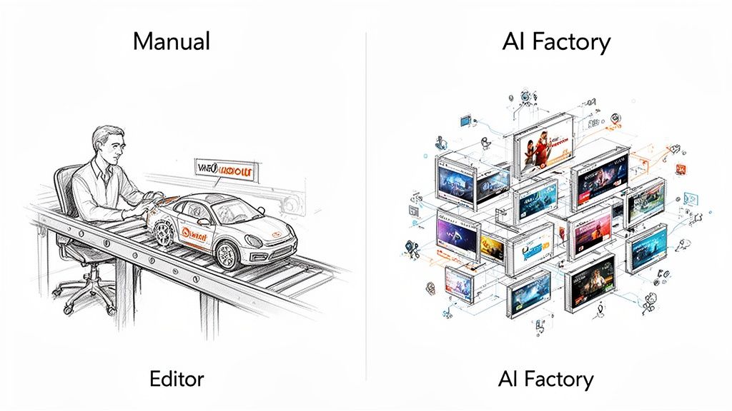 Image contrasting manual editing, shown by a person working on a car, with an AI factory featuring many screens generating content.