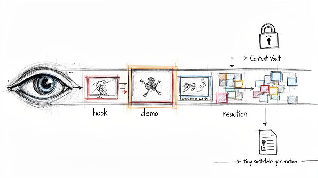 A diagram illustrates a process from eye perception through hook, demo, and reaction, leading to context vault and content generation.