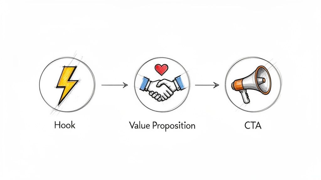 Diagram showing marketing funnel stages: Hook (lightning bolt), Value Proposition (handshake), and CTA (megaphone).