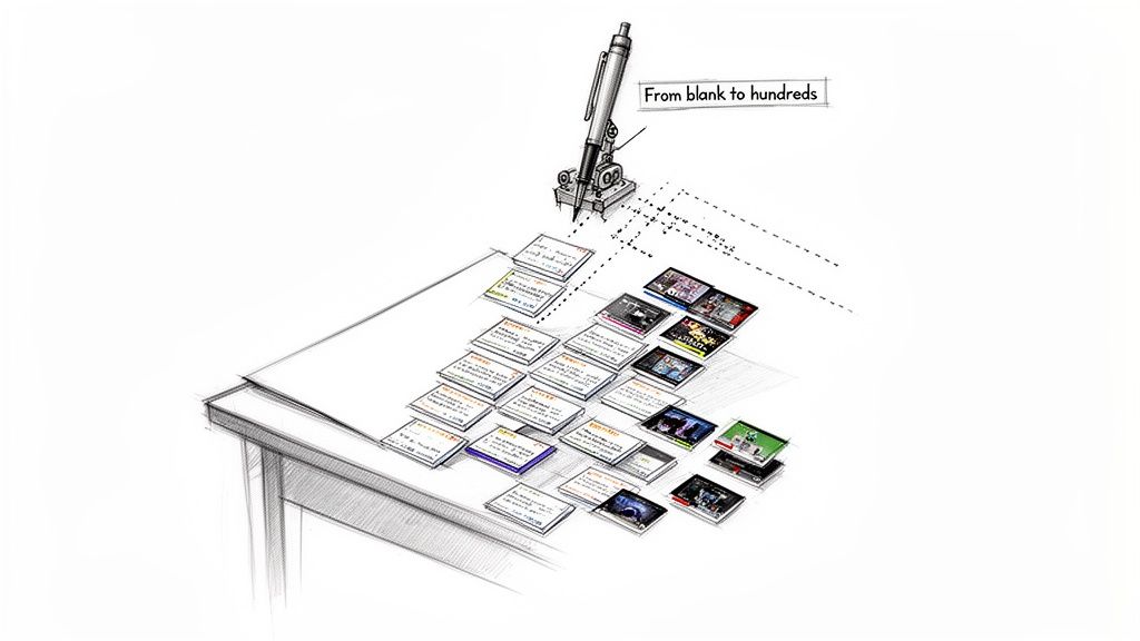 A robotic arm with a pen generates numerous small cards or screens on a table, illustrating creation from blank to hundreds.