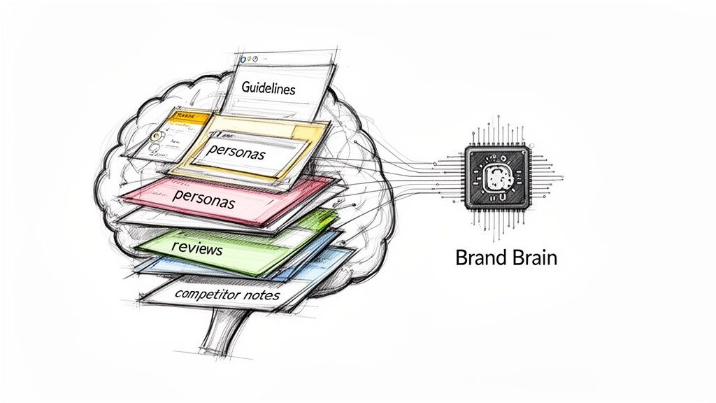 A brain filled with brand guidelines, personas, reviews, and competitor notes connected to a 'Brand Brain' chip.