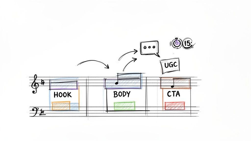 Music staff with Hook, Body, and CTA sections, showing content flow, chat, and a 15-second timer for UGC.