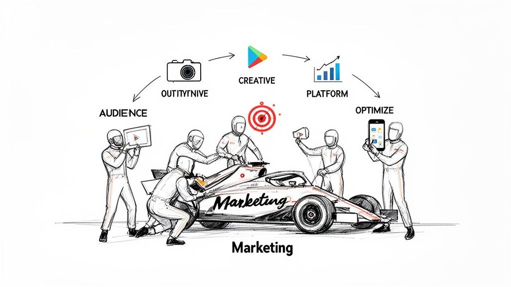 Formula 1 pit crew demonstrates a video ad marketing strategy involving audience, creative, platform, and optimization.