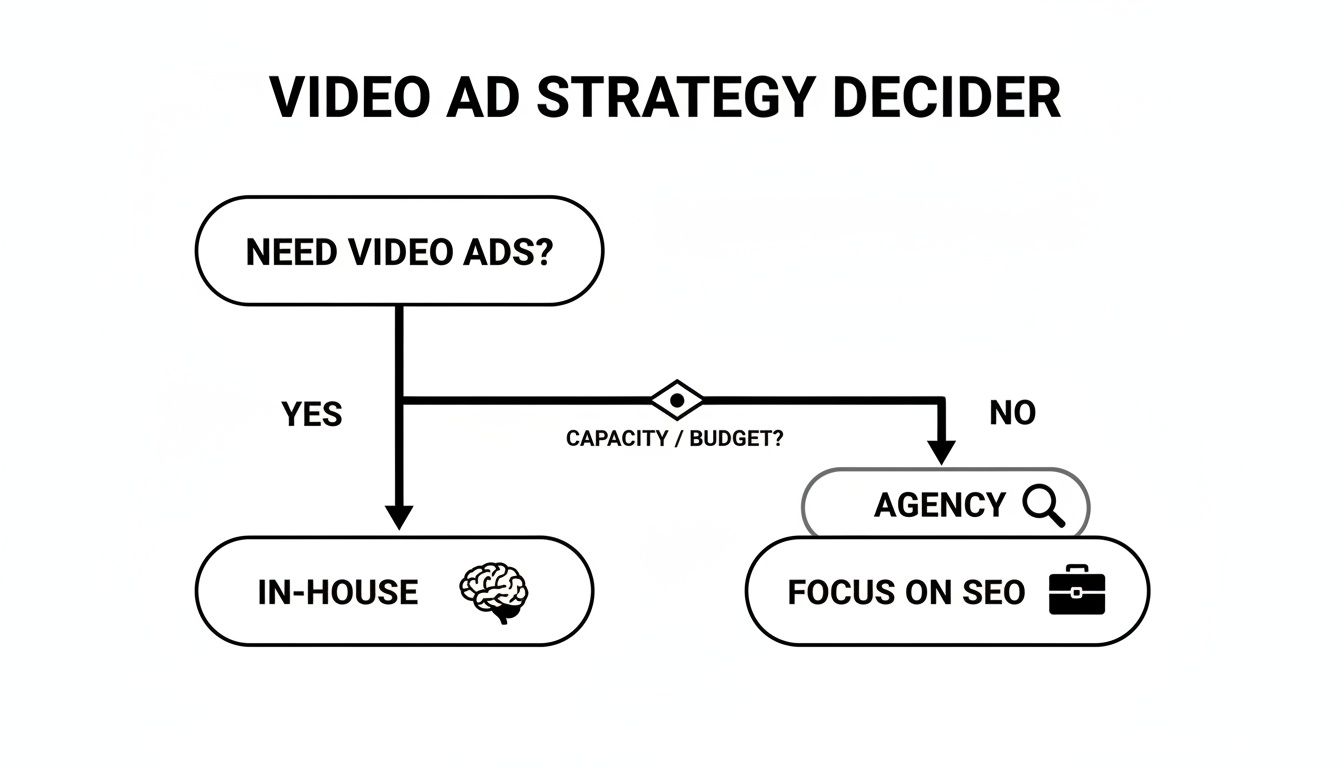 A video ad strategy flowchart illustrating decisions based on need, capacity, and budget.