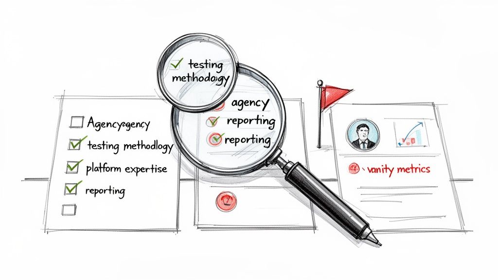 A magnifying glass over checklists, evaluating project methodology, reporting, and warning against vanity metrics.