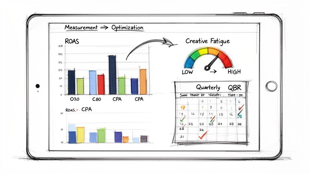 Digital tablet showing performance metrics, ROAS, CPA, creative fatigue, and a QBR schedule for business optimization.