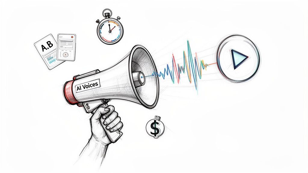 Hand holding 'AI Voices' megaphone, emitting sound waves to a play button, symbolizing voice AI technology.