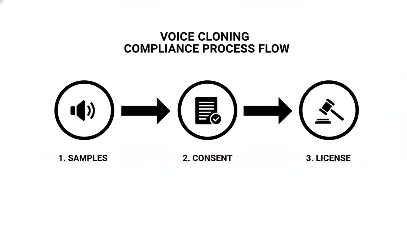 A diagram illustrating the voice cloning compliance process, outlining steps for samples, consent, and licensing.