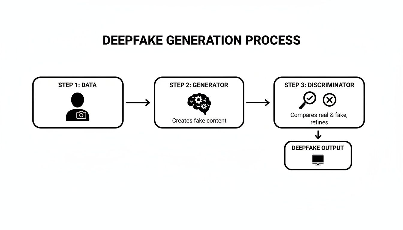 A flowchart detailing the deepfake generation process, including data, generator, and discriminator steps.