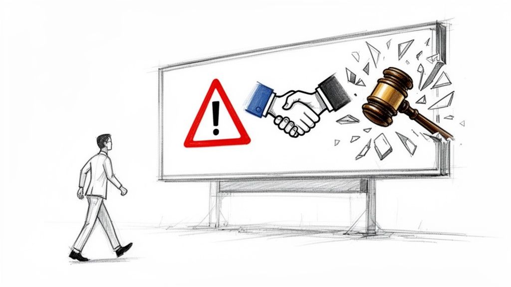 A man walks past a billboard showing a warning sign, a handshake, and a gavel breaking the screen.