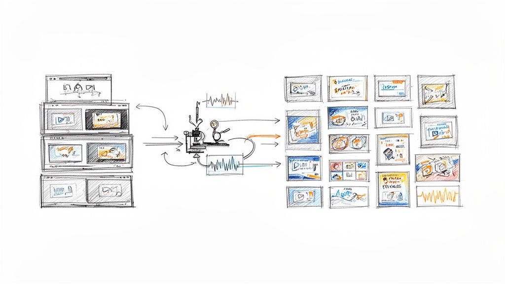 Hand-drawn diagram illustrating video processing inputs, a central analysis system, and various processed output frames.