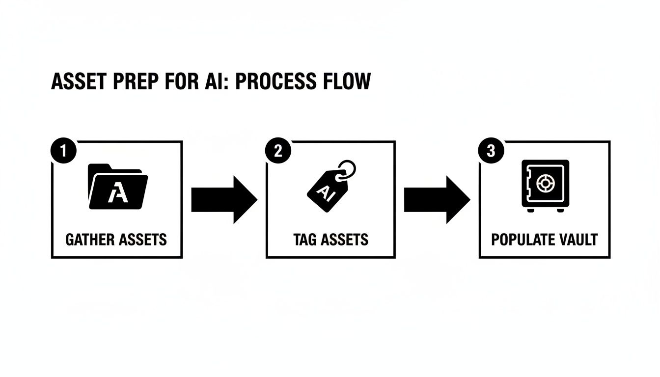 A three-step process flow illustrating asset preparation for AI: gather, tag, and populate vault.