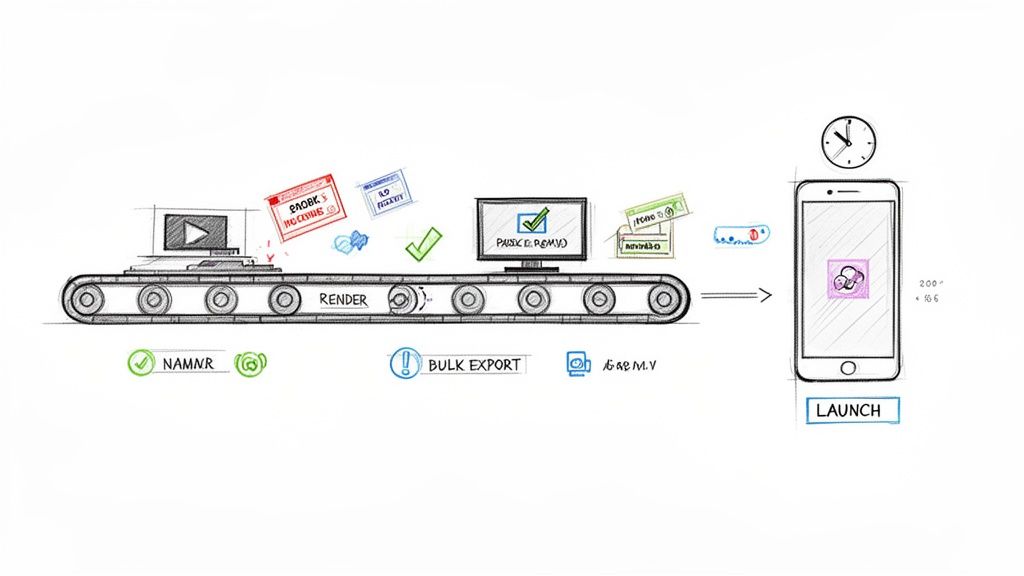 A hand-drawn illustration depicting a video content production and launch workflow conveyor belt leading to a smartphone.