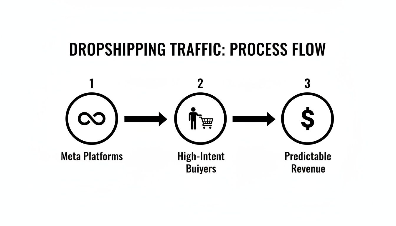 A dropshipping traffic process flow shows Meta Platforms, high-intent buyers, and predictable revenue.