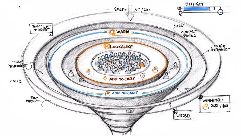 Hand-drawn marketing funnel illustrating customer journey stages for Facebook ads, including warm, lookalike, and add to cart.