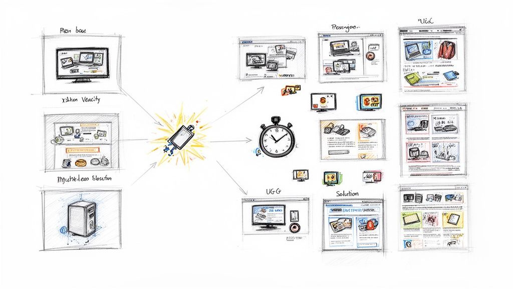 Hand-drawn diagram of a central process connecting multiple web browser interfaces, computers, and a stopwatch, illustrating digital workflow.