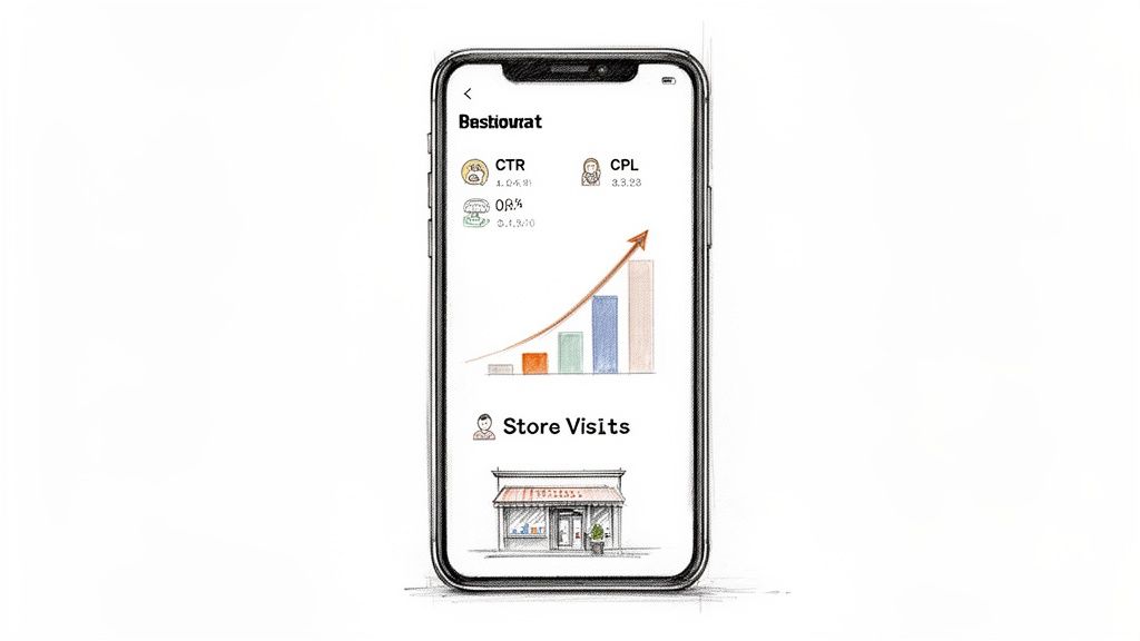 Smartphone app showing restaurant analytics: CTR, CPL, OR%, a growth chart, and store visit data.