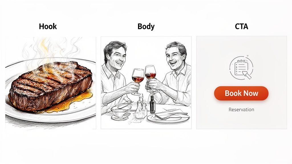 Restaurant Facebook ad example with a steaming steak, men toasting wine, and a 'Book Now' reservation button.