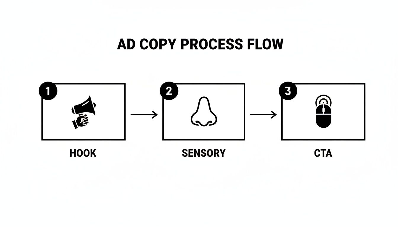 A three-step ad copy process flow: Hook represented by a megaphone, Sensory by a nose, and CTA by a mouse.