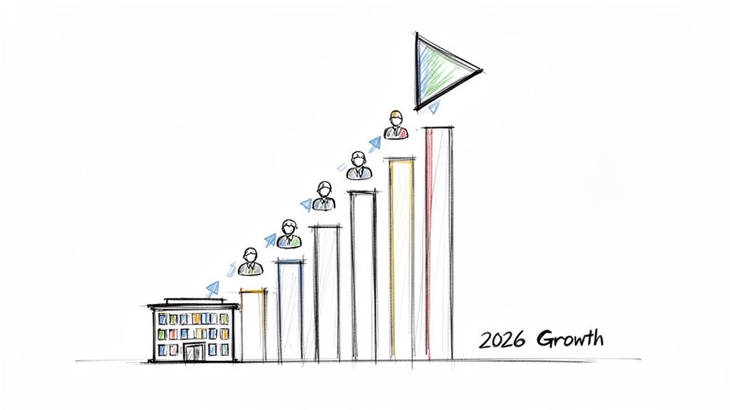Hand-drawn illustration depicting company growth, increasing employees, and an upward trend towards a 2026 goal.