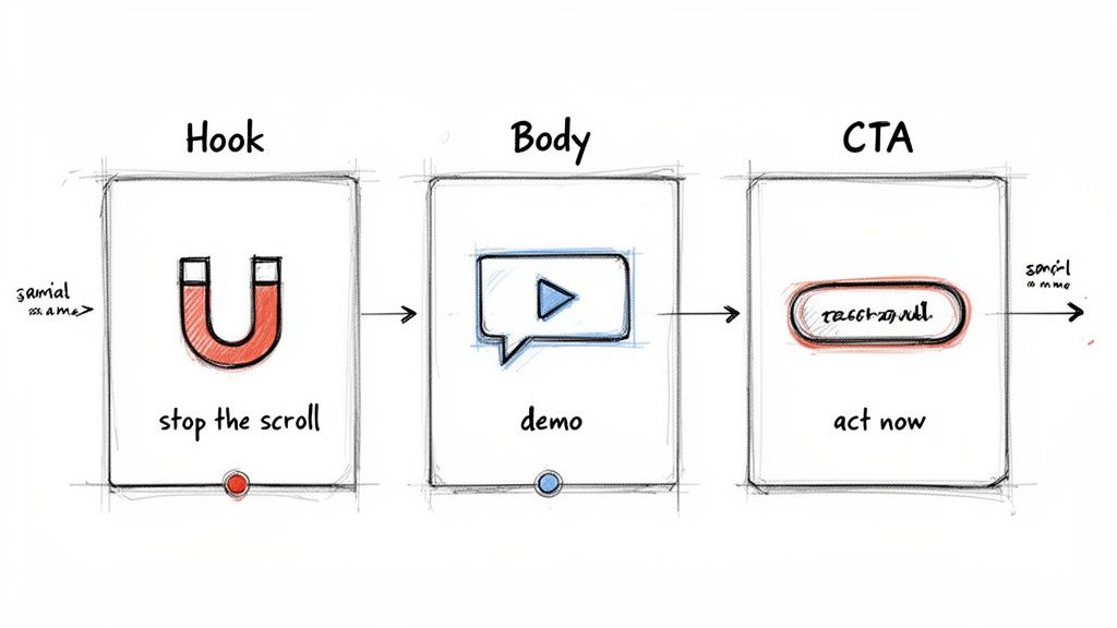 A visual diagram outlining a three-stage promotional video strategy: Hook, Body, and Call to Action.