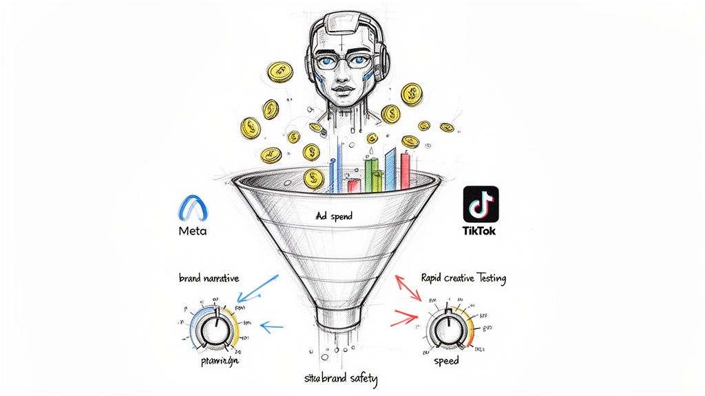 An AI head funnels ad spend to Meta and TikTok, balancing brand narrative and rapid creative testing for brand safety.