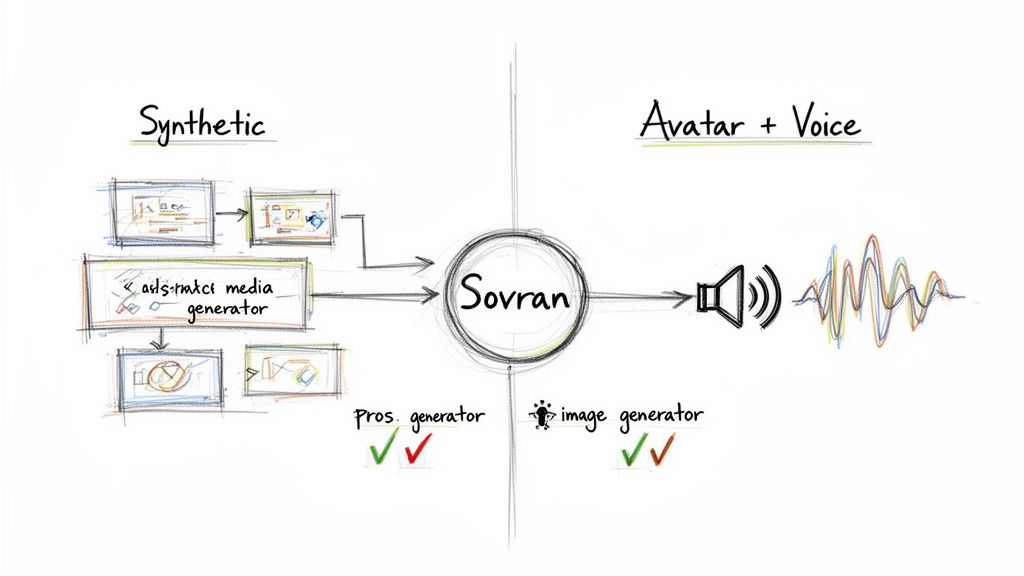 Diagram showing synthetic media generation input for creating an AI avatar with voice using Sovran.