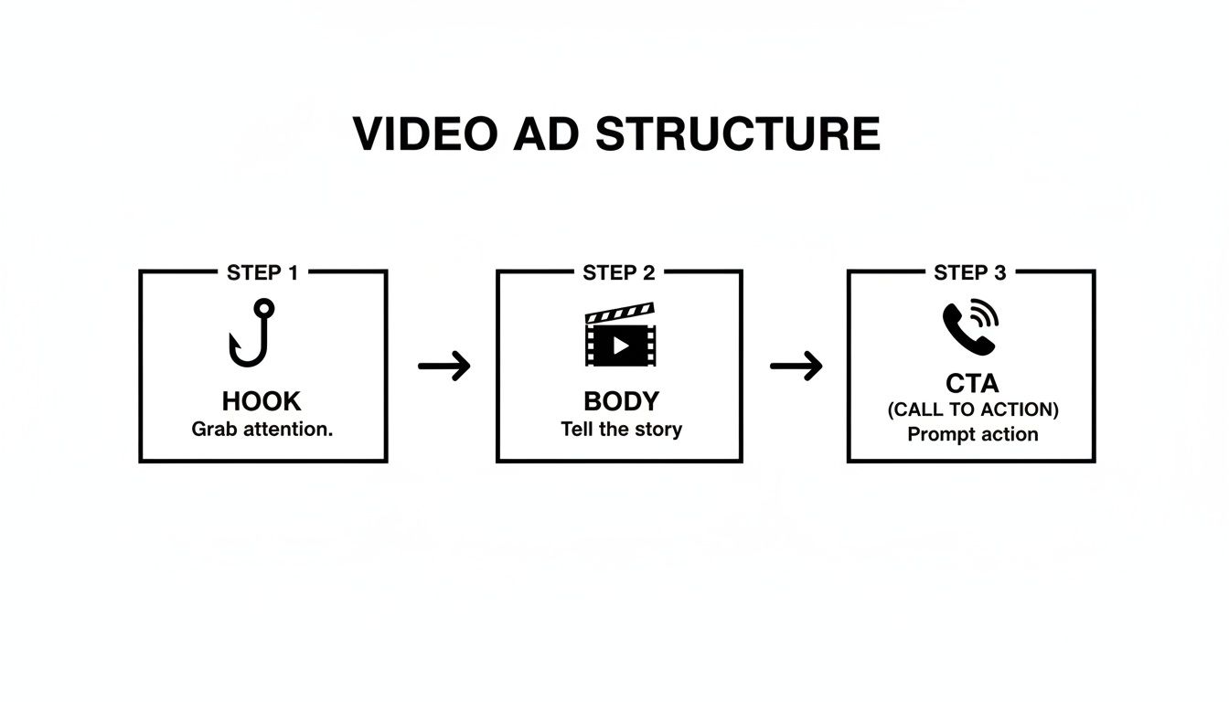 A diagram outlining the three-step structure of a video ad: hook, body, and call to action.
