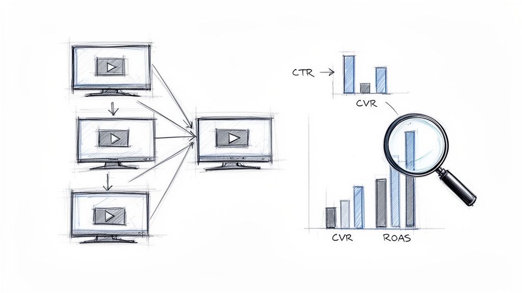Hand-drawn sketch illustrating video content distribution and its impact on marketing performance metrics like CTR, CVR, and ROAS.