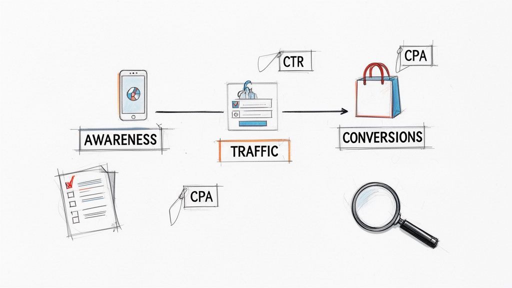 Diagram illustrating the digital marketing funnel stages: awareness, traffic, and conversions, with key metrics.