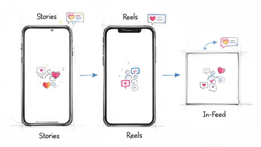Diagram illustrates content transformation from Stories and Reels into a unified social media In-Feed post.