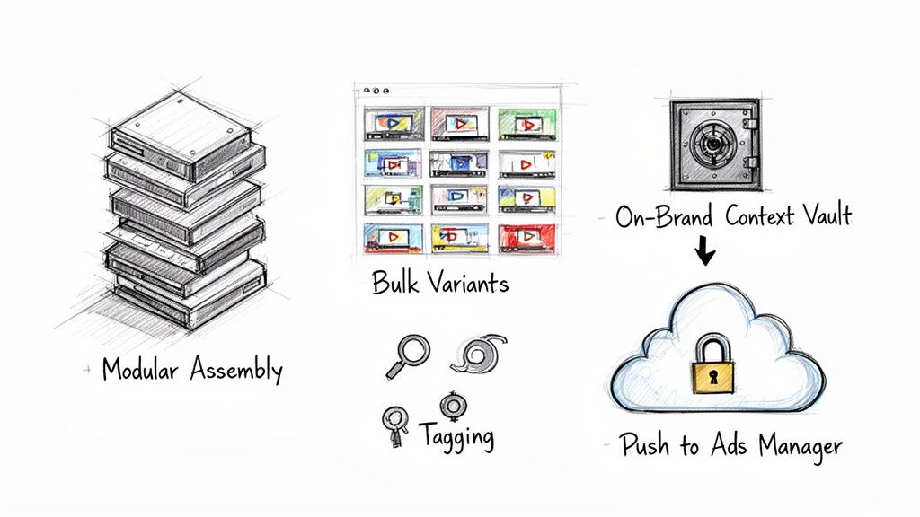 Diagram showing modular assembly, bulk video variants, tagging, an on-brand context vault, and pushing to an ads manager.