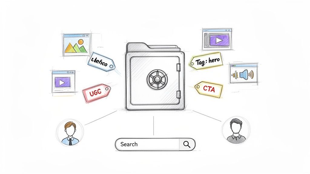 Users access a secure digital asset management system containing various media files and descriptive tags.