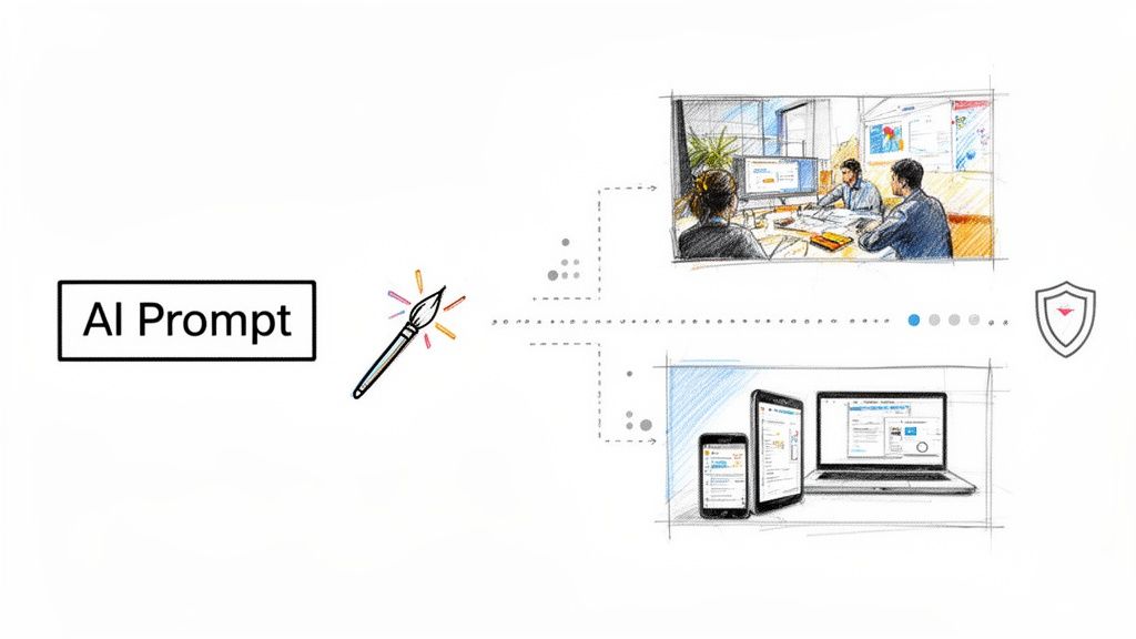 Illustration showing an AI prompt generating digital solutions for business collaboration and multi-device display, protected by security.