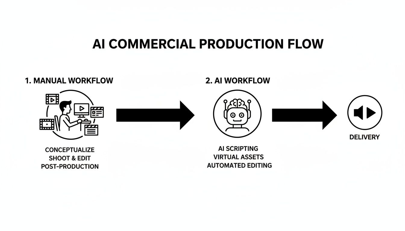 An AI commercial production flowchart illustrating the shift from manual human tasks to AI automation.