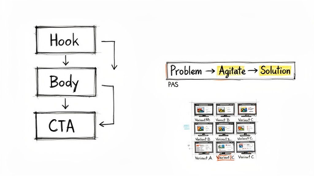Diagrams illustrating content structure (Hook, Body, CTA), problem-solving (PAS), and A/B testing variants.