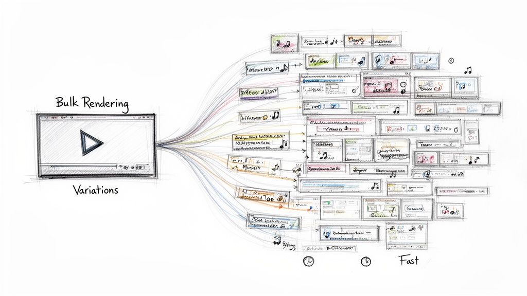 Diagram illustrating bulk rendering and variations, showing one video player generating many diverse outputs quickly.