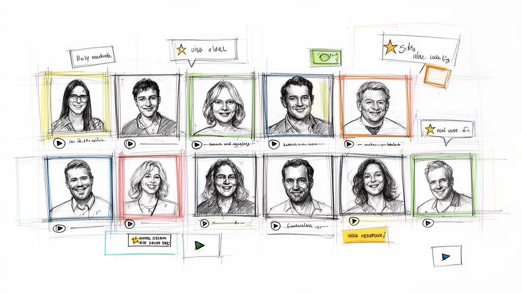 A hand-drawn sketch of twelve smiling people in a grid, with various notes and play buttons.