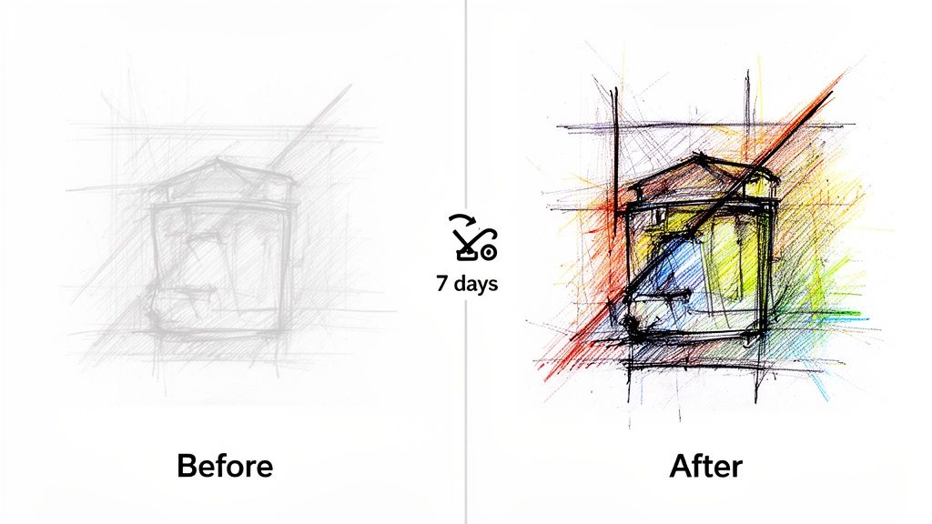 Before and after image showing a pencil sketch evolving into a colorful architectural drawing.