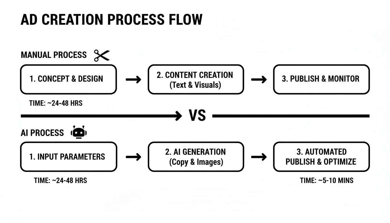 Diagram comparing manual and AI ad creation processes, emphasizing significant time savings with AI.