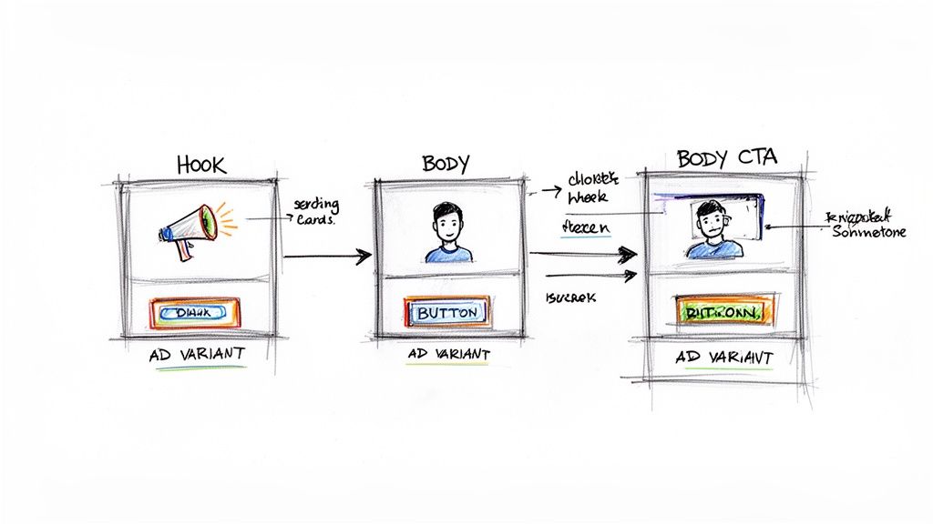 Flowchart depicting social media ad variants: Hook, Body, and Body CTA, illustrating user journey stages.